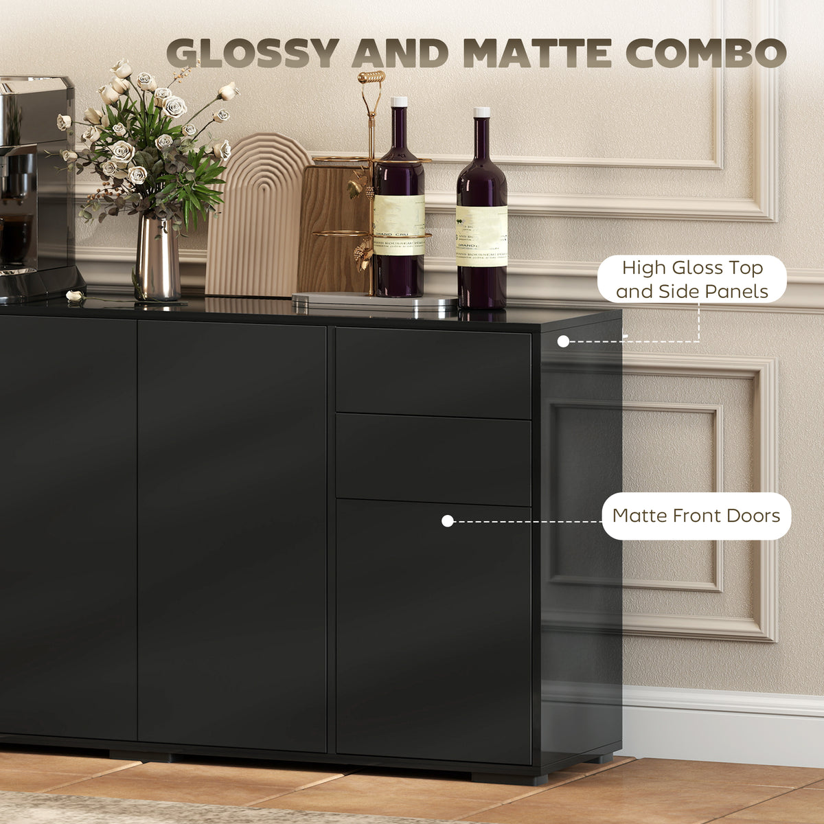 Kitchen Sideboard Storage Cabinet, Modern Coffee Bar with Push-Open Design and 2 Drawers for Living Room – view 14
