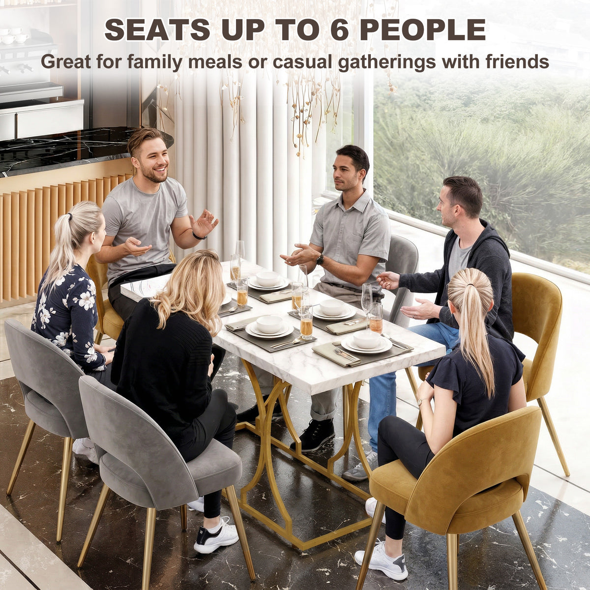 59-Inch Dining Table for 6, Modern Marble-Pattern Kitchen Dinner Table with Metal Pedestal for Home, Dining Room, White