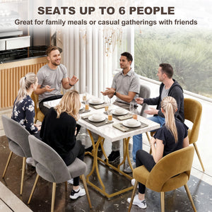 59-Inch Dining Table for 6, Modern Marble-Pattern Kitchen Dinner Table with Metal Pedestal for Home, Dining Room, White