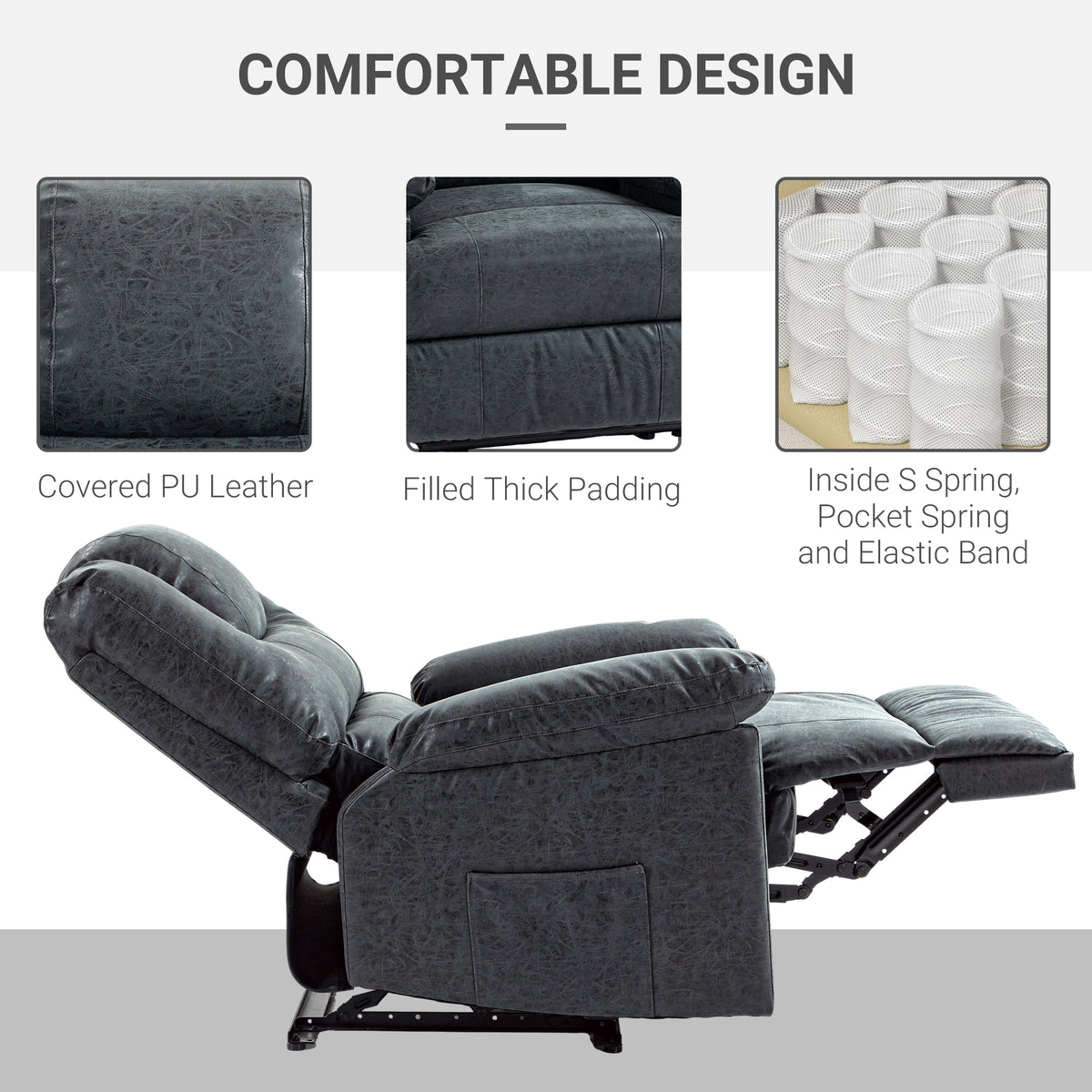 PU Leather Reclining Chair, Manual Recliner Chair for Living Room with Footrest, 2 Side Pockets, Steel Frame, Black