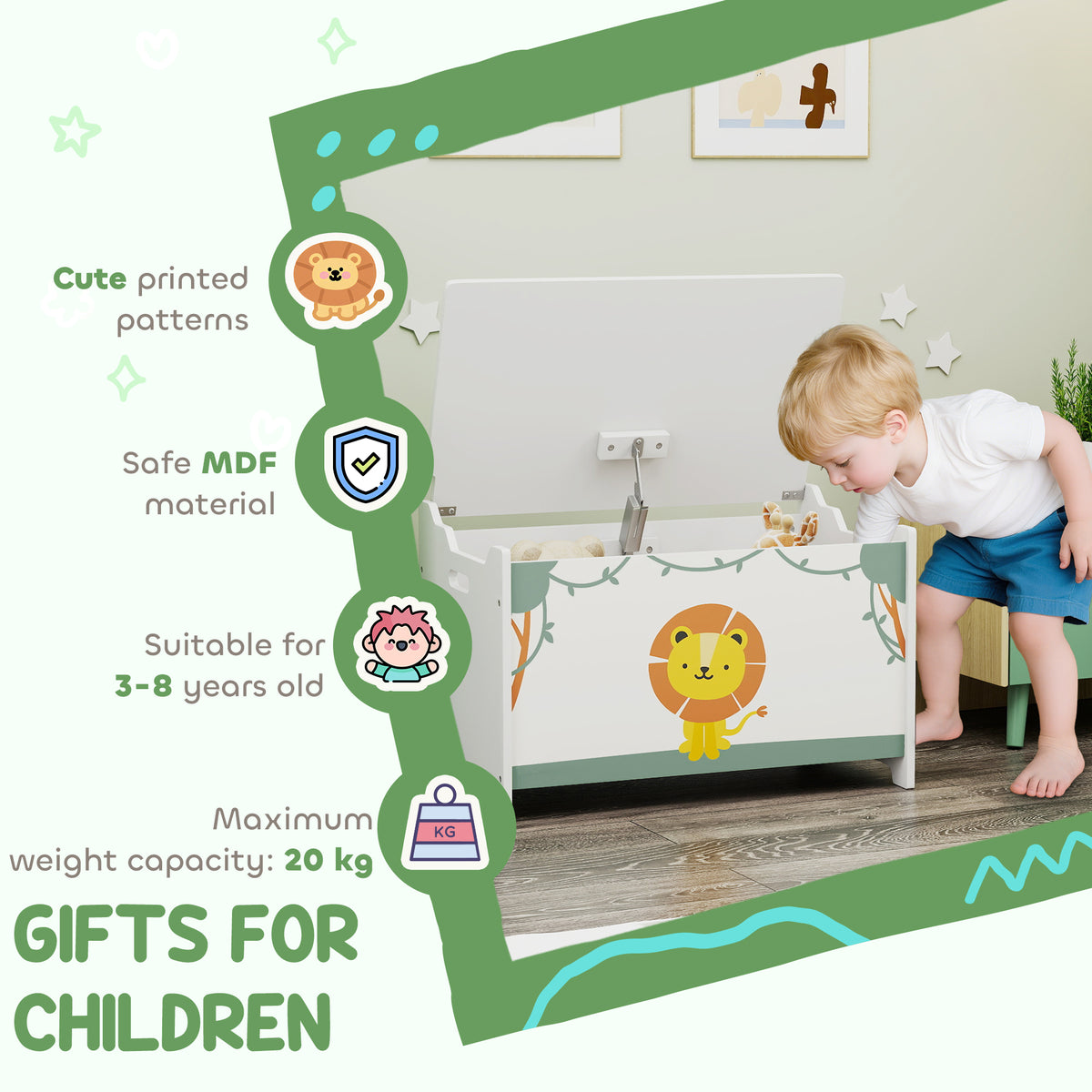 Qaba Toy Chest, Kids Storage Chest with Lid, Safety Hinges and Groove Handles for Boys, Girls