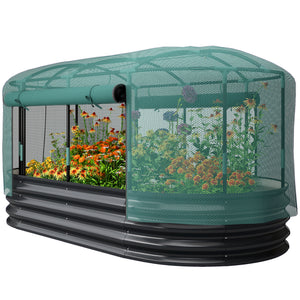 6' x 3' Galvanized Raised Garden Bed with Crop Cage Net Cover and Watering System, Outdoor Planter Box, Dark Grey