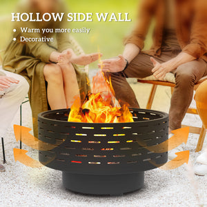 3-in-1 Fire Pit Φ23.8" x 15.4" Outdoor Fire Bowl with Grill Grate, Wood-Effect Fire Basket