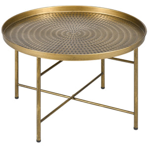Vintage Coffee Table for Living Room, 24" Round Center Table with Hammered Tray Top and Metal Frame, Gold
