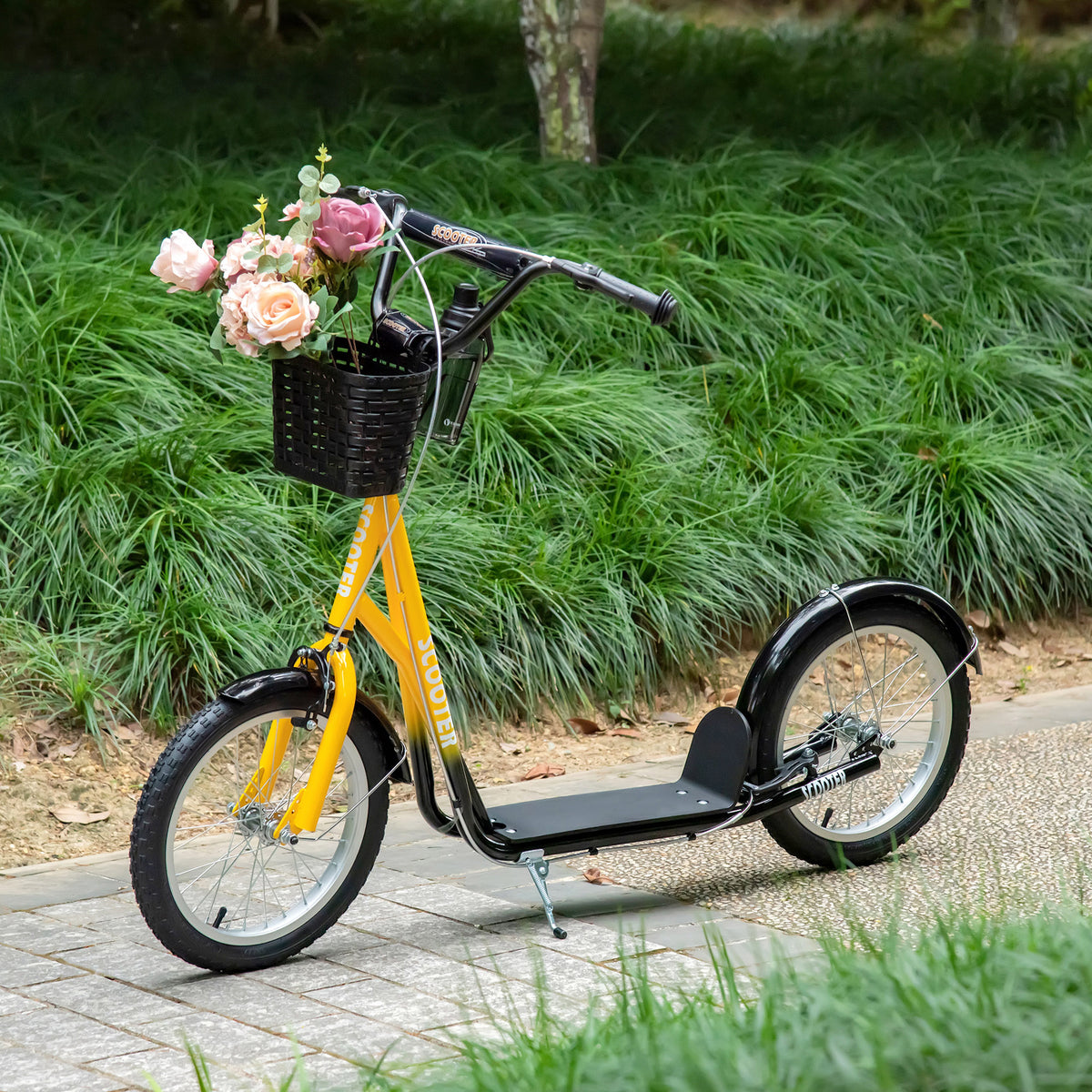 Aosom Kick Scooter with Adjustable Handlebar, Kids Scooter with 2 Brakes Basket Cupholder 16" Inflatable Rubber Tyres