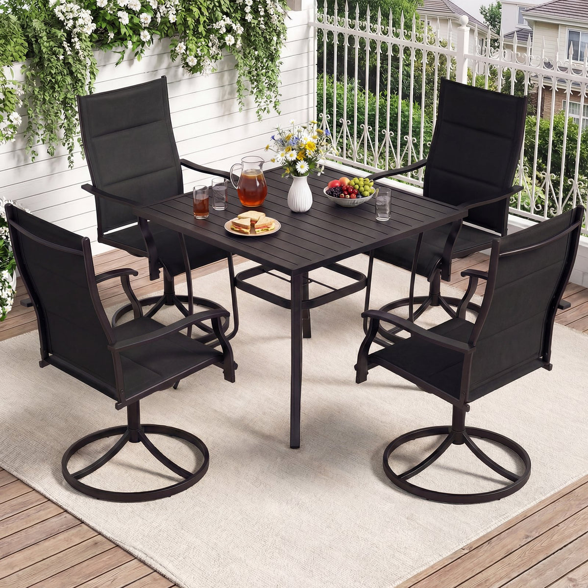 Padded Patio Swivel Chairs Set of 2 Ergonomic Outdoor Dining Chairs with Breathable Fabric-Black view 3