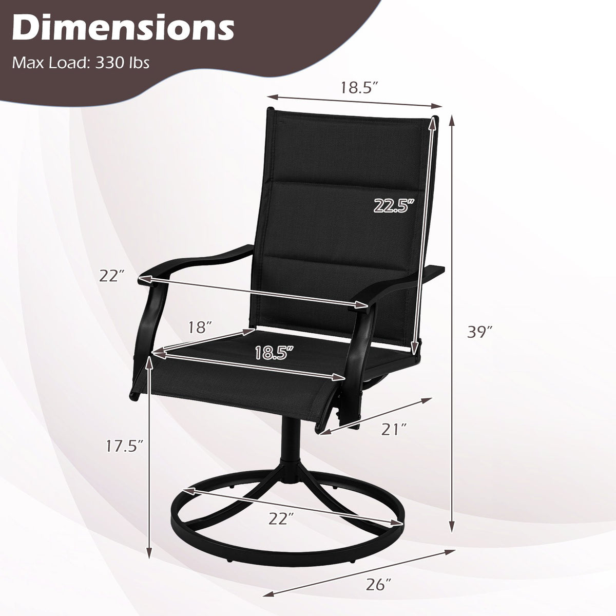 Padded Patio Swivel Chairs Set of 2 Ergonomic Outdoor Dining Chairs with Breathable Fabric-Black view 4