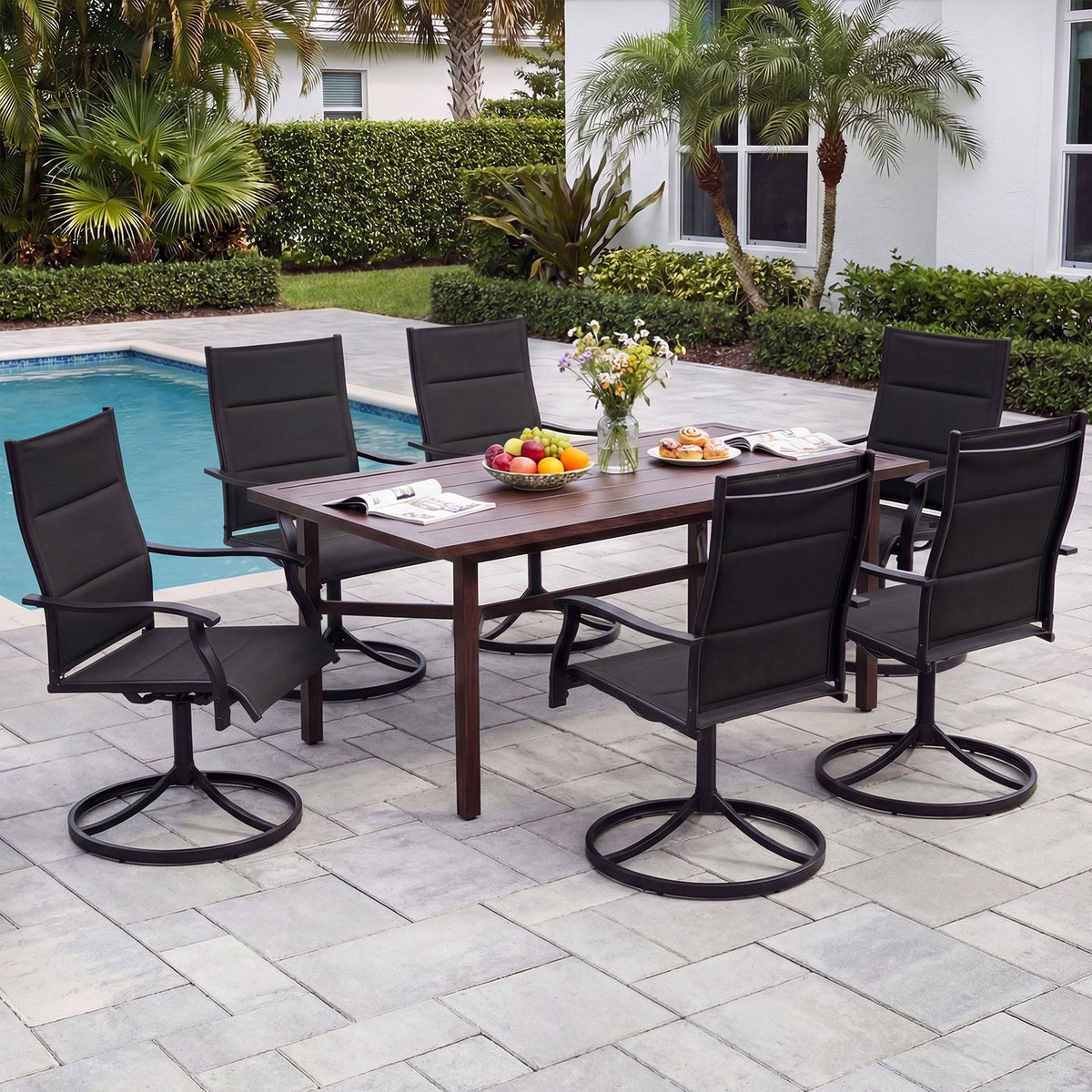 Padded Patio Swivel Chairs Set of 2 Ergonomic Outdoor Dining Chairs with Breathable Fabric-Black view 5