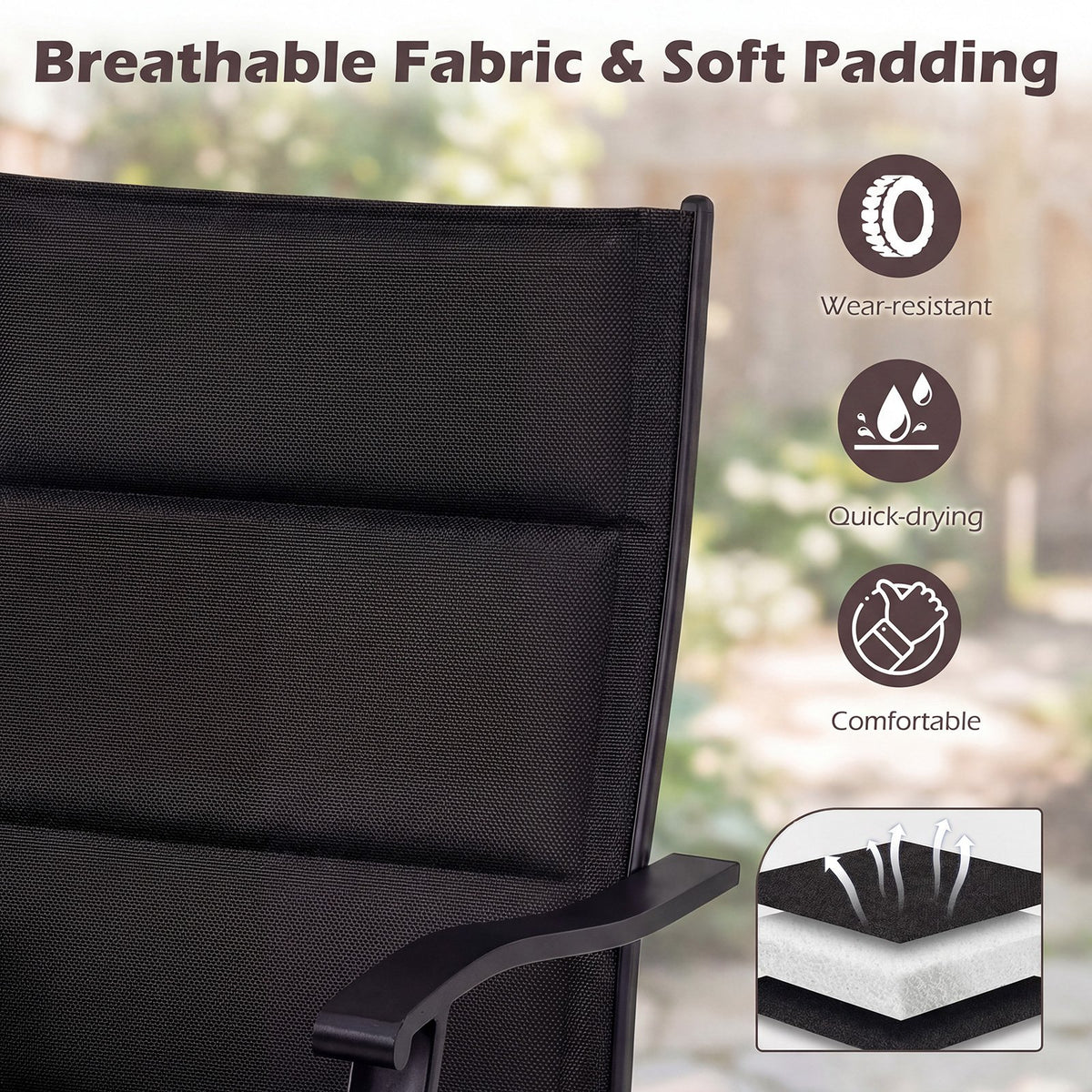 Padded Patio Swivel Chairs Set of 2 Ergonomic Outdoor Dining Chairs with Breathable Fabric-Black view 7
