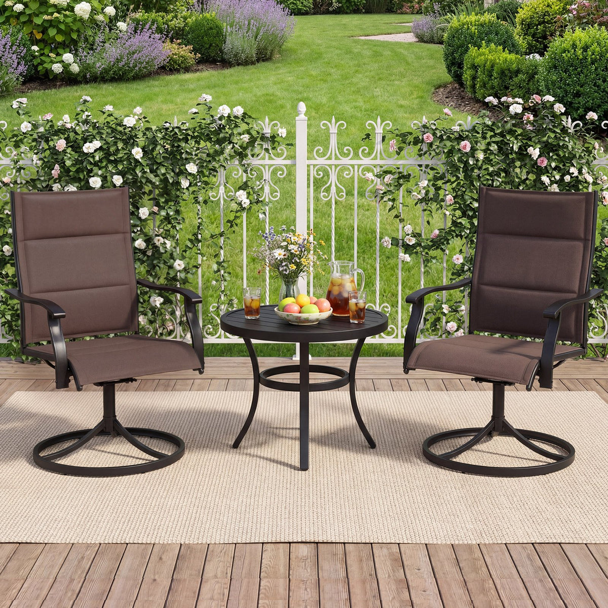 Padded Patio Swivel Chairs Set of 2 Ergonomic Outdoor Dining Chairs with Breathable Fabric-Brown view 2