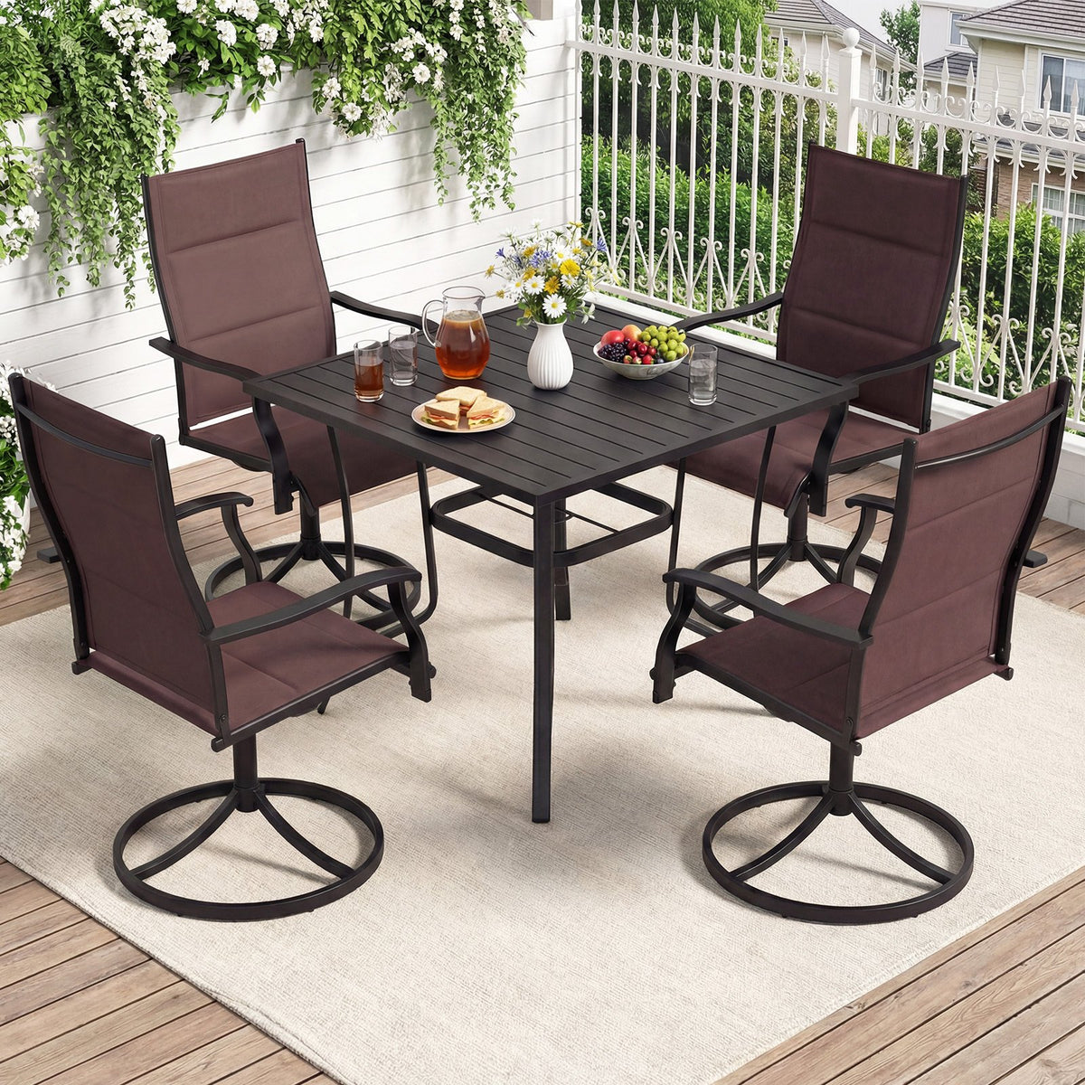 Padded Patio Swivel Chairs Set of 2 Ergonomic Outdoor Dining Chairs with Breathable Fabric-Brown view 3