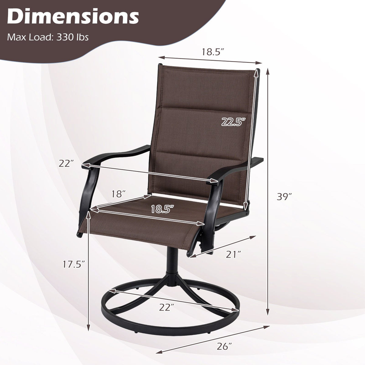Padded Patio Swivel Chairs Set of 2 Ergonomic Outdoor Dining Chairs with Breathable Fabric-Brown view 4