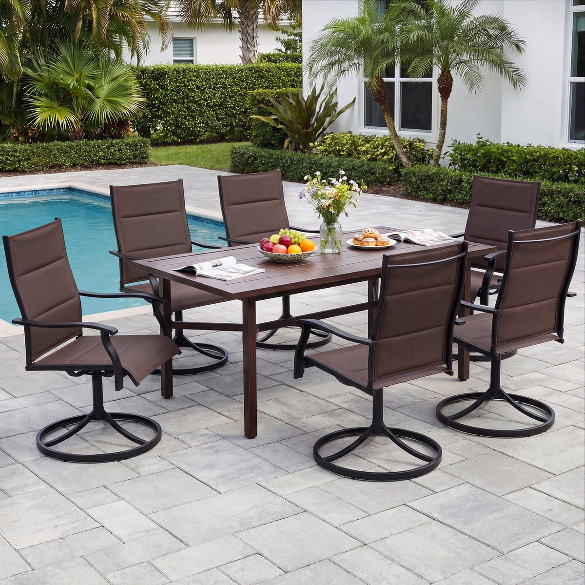 Padded Patio Swivel Chairs Set of 2 Ergonomic Outdoor Dining Chairs with Breathable Fabric-Brown view 5