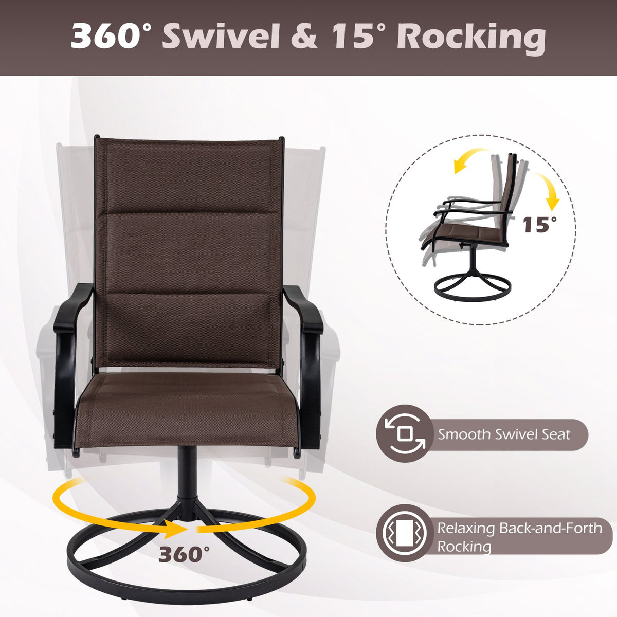 Padded Patio Swivel Chairs Set of 2 Ergonomic Outdoor Dining Chairs with Breathable Fabric-Brown view 7