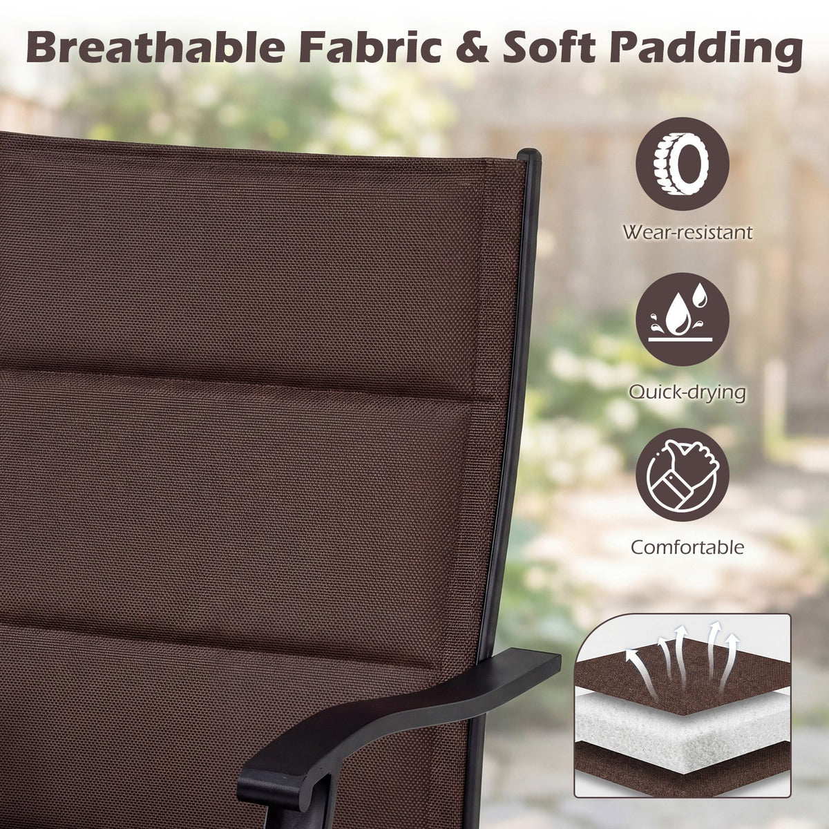 Padded Patio Swivel Chairs Set of 2 Ergonomic Outdoor Dining Chairs with Breathable Fabric-Brown view 8