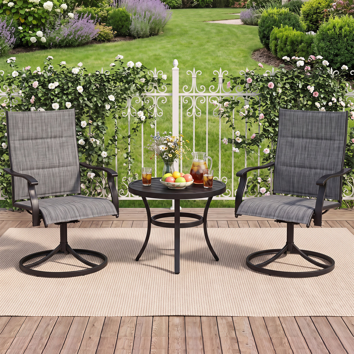 Padded Patio Swivel Chairs Set of 2 Ergonomic Outdoor Dining Chairs with Breathable Fabric-Gray view 2