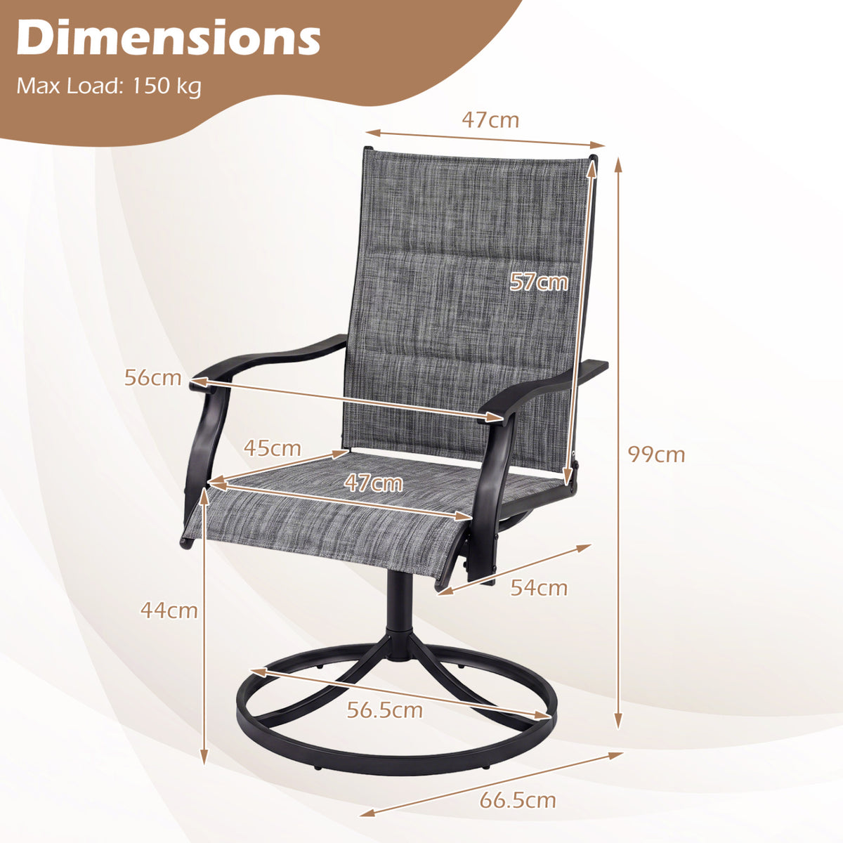 Padded Patio Swivel Chairs Set of 2 Ergonomic Outdoor Dining Chairs with Breathable Fabric-Gray view 3