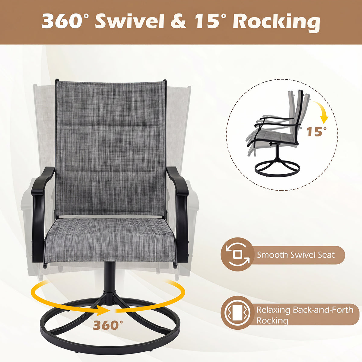 Padded Patio Swivel Chairs Set of 2 Ergonomic Outdoor Dining Chairs with Breathable Fabric-Gray view 4