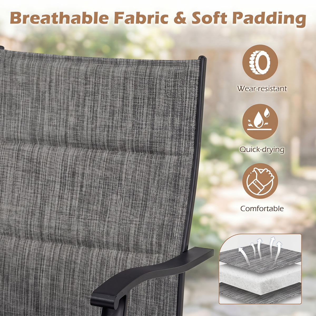 Padded Patio Swivel Chairs Set of 2 Ergonomic Outdoor Dining Chairs with Breathable Fabric-Gray view 5