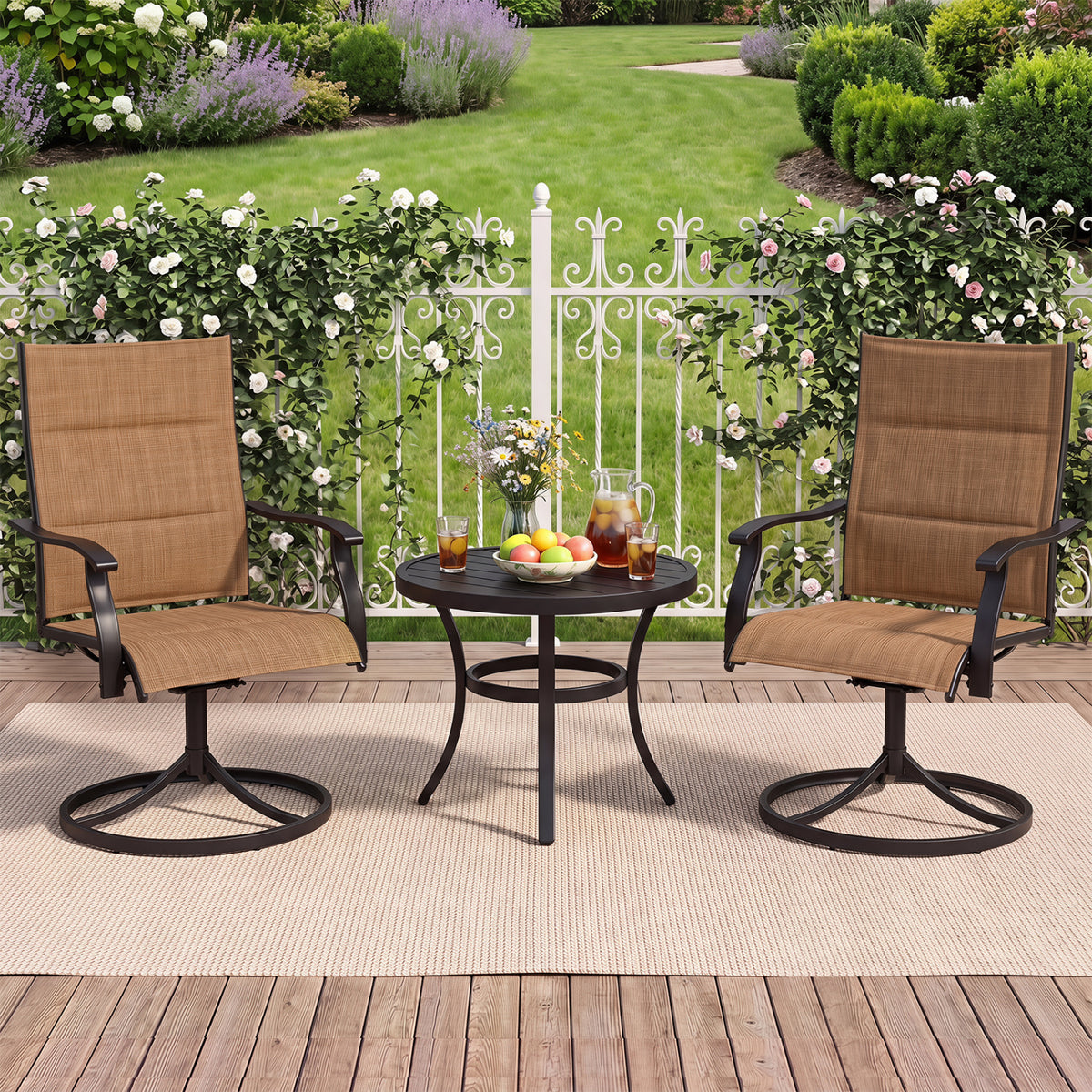 Padded Patio Swivel Chairs Set of 2 Ergonomic Outdoor Dining Chairs with Breathable Fabric-Light Brown view 2