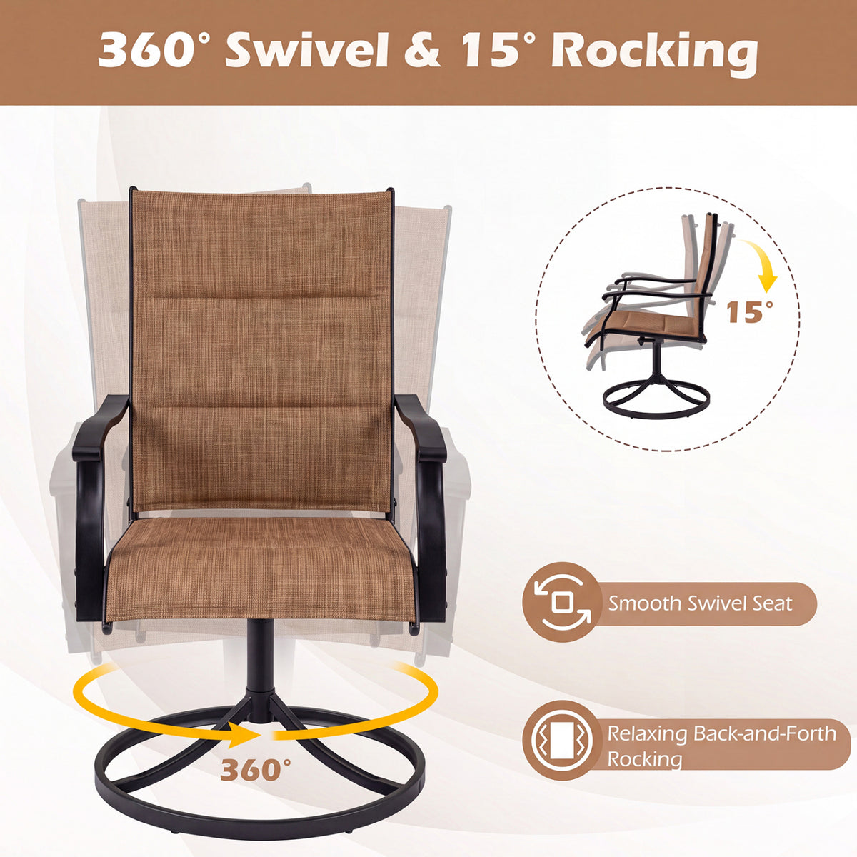 Padded Patio Swivel Chairs Set of 2 Ergonomic Outdoor Dining Chairs with Breathable Fabric-Light Brown view 4