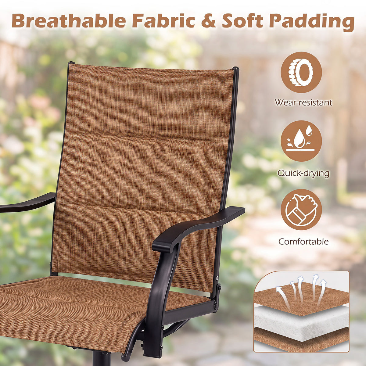 Padded Patio Swivel Chairs Set of 2 Ergonomic Outdoor Dining Chairs with Breathable Fabric-Light Brown view 5
