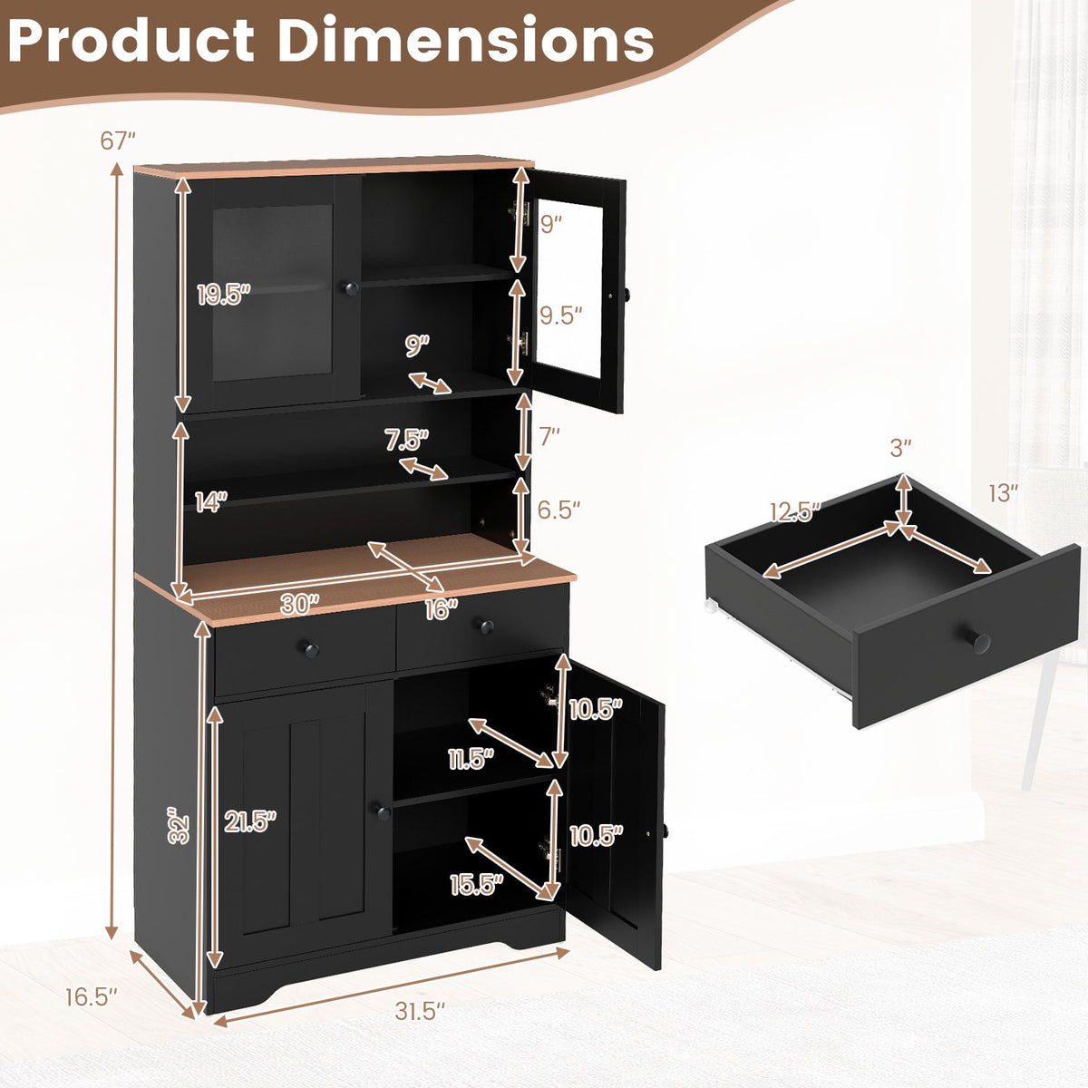 Pantry Cabinet with 2 Removable Shelves-Black view 5