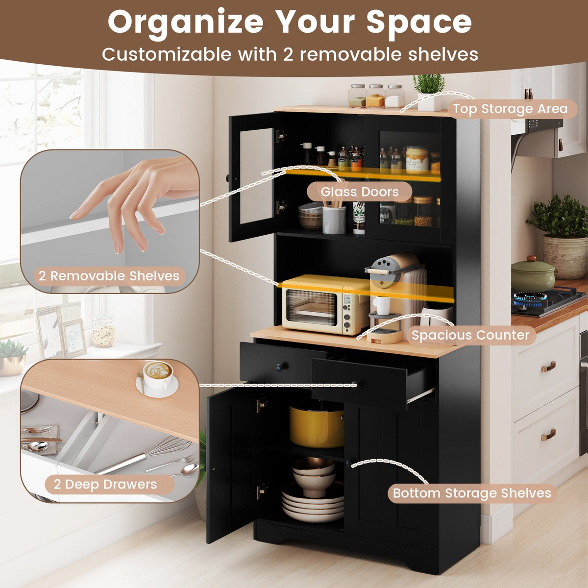 Pantry Cabinet with 2 Removable Shelves-Black view 9