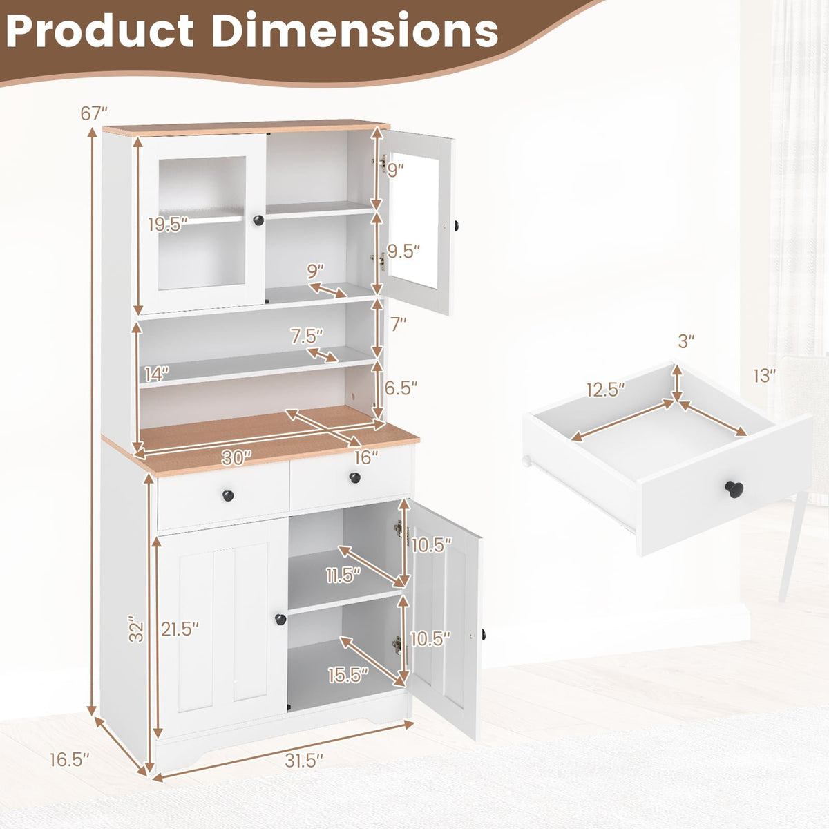 Pantry Cabinet with 2 Removable Shelves-White view 5