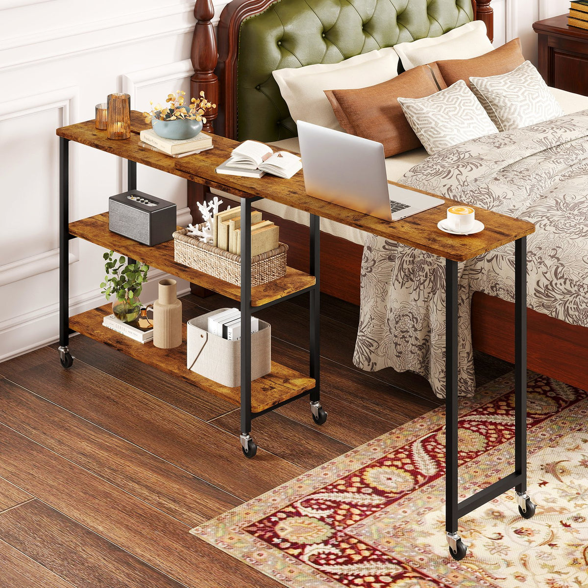 Patented Large 360-Degree Free Rotating Sofa Side Table with Wheels and Storage Shelf-Brown view 3