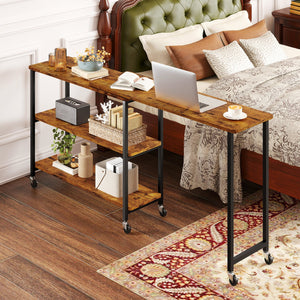 Patented Large 360-Degree Free Rotating Sofa Side Table with Wheels and Storage Shelf-Brown view 3