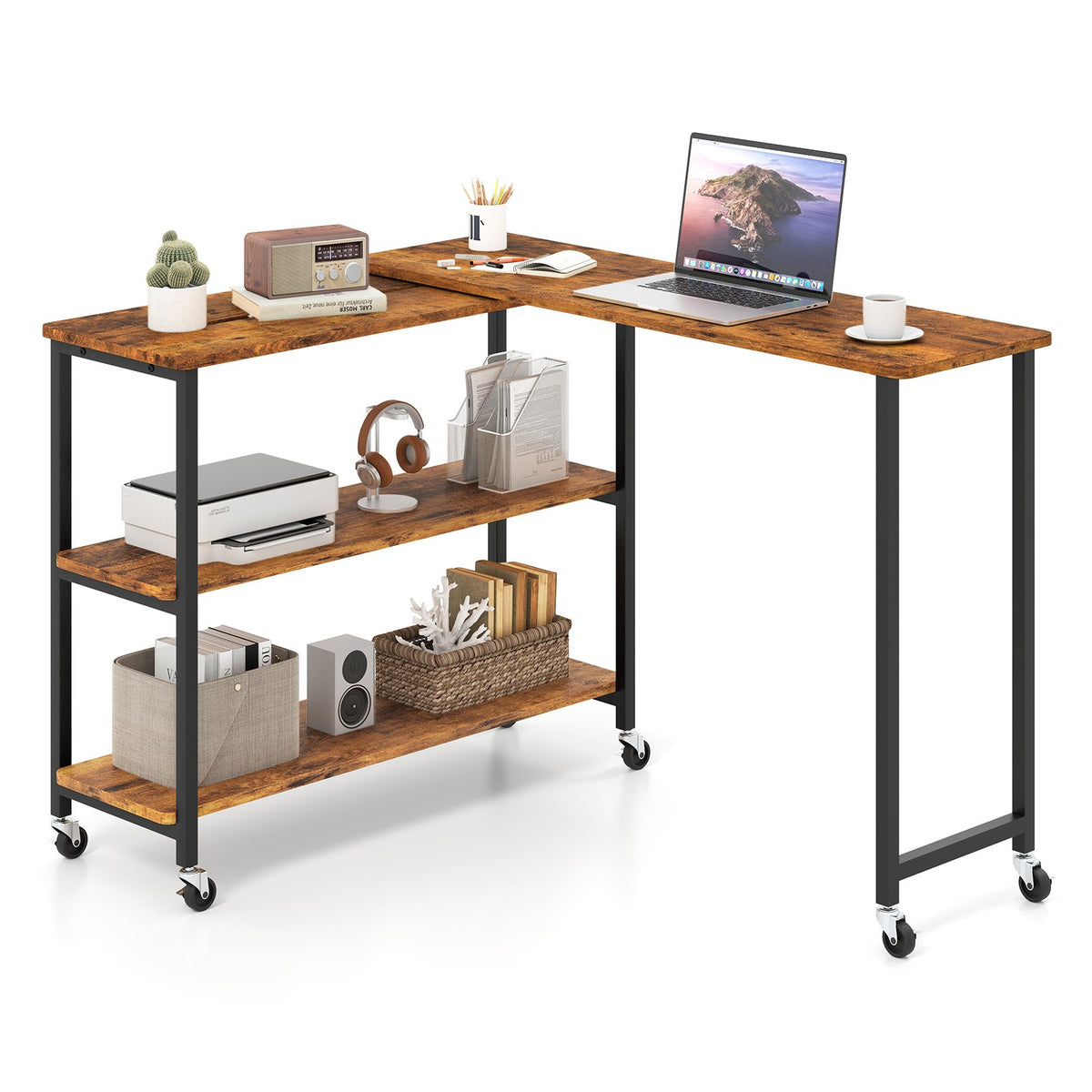 Patented Large 360-Degree Free Rotating Sofa Side Table with Wheels and Storage Shelf-Brown view 4