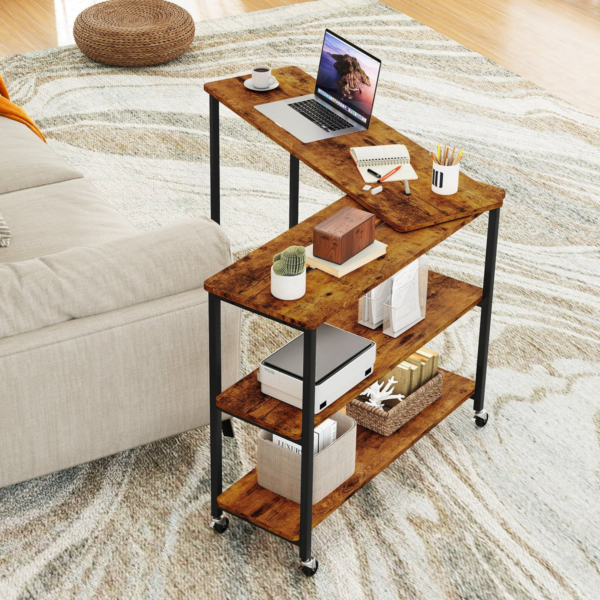 Patented Large 360-Degree Free Rotating Sofa Side Table with Wheels and Storage Shelf-Brown view 7
