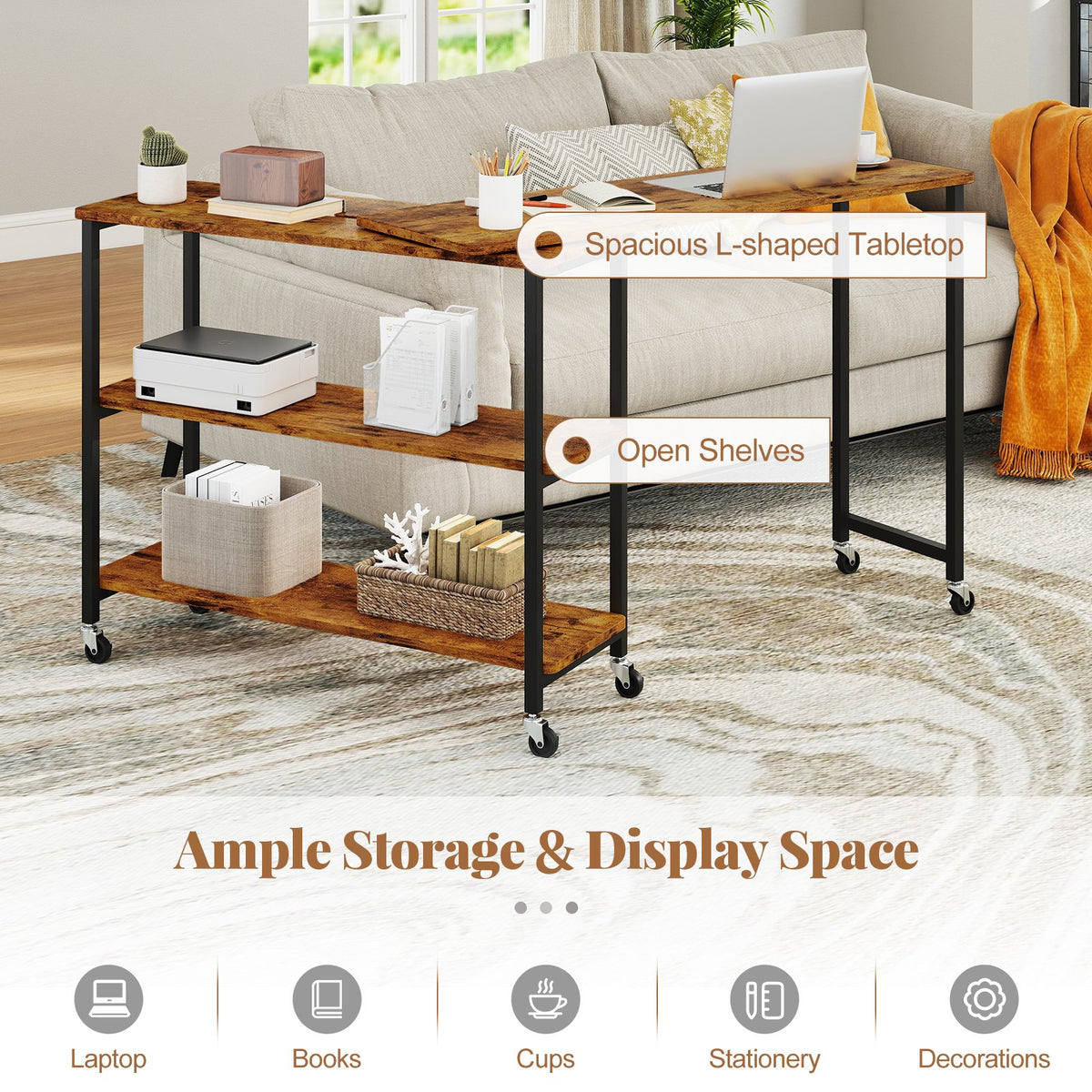 Patented Large 360-Degree Free Rotating Sofa Side Table with Wheels and Storage Shelf-Brown view 9