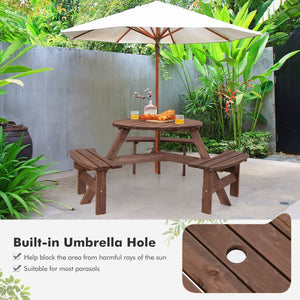 6 Person Wooden Picnic Table Set with Bench and Umbrella Hold view 5