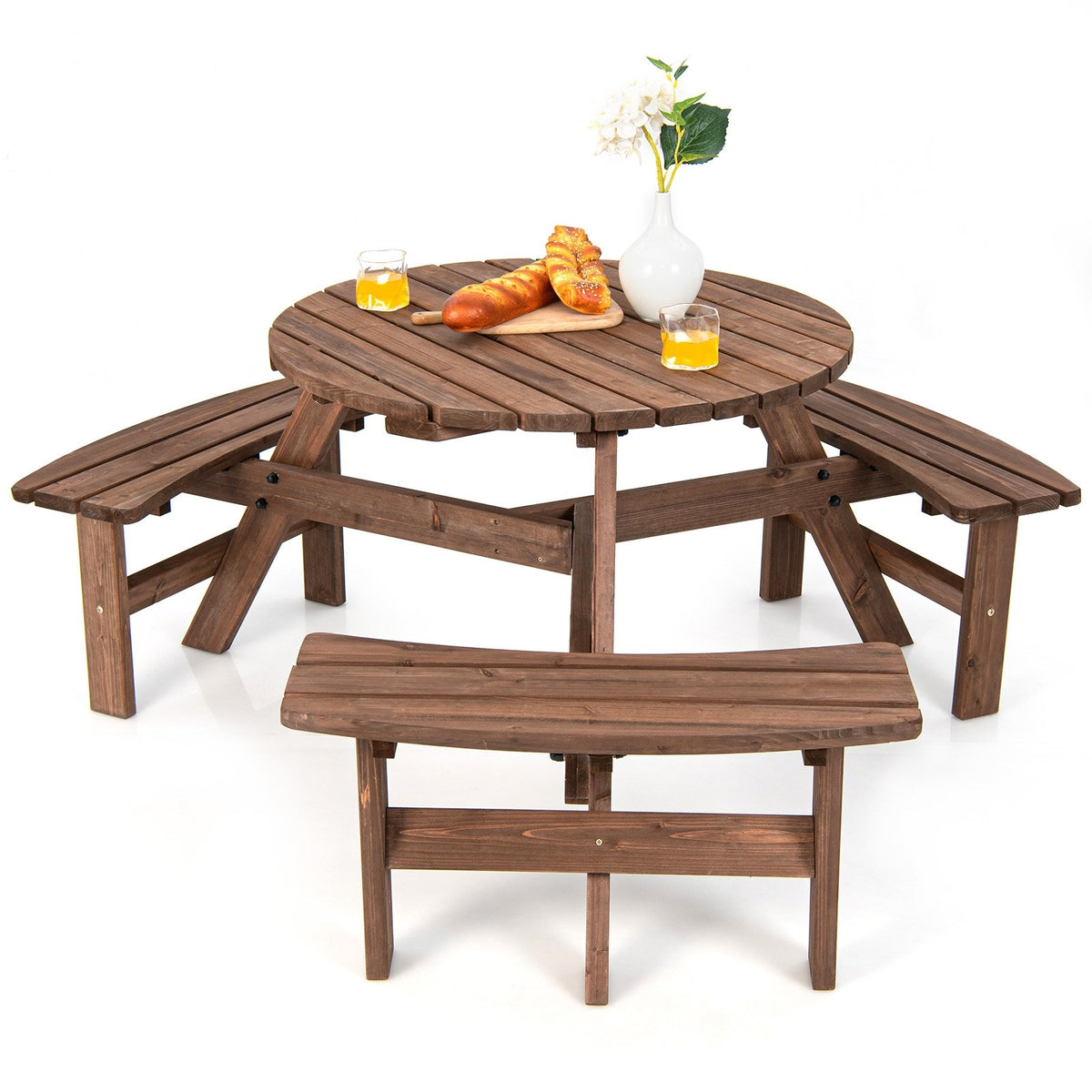 6 Person Wooden Picnic Table Set with Bench and Umbrella Hold view 8