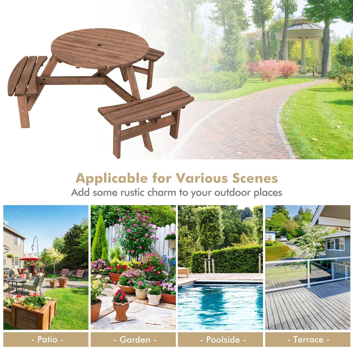 6 Person Wooden Picnic Table Set with Bench and Umbrella Hold view 9