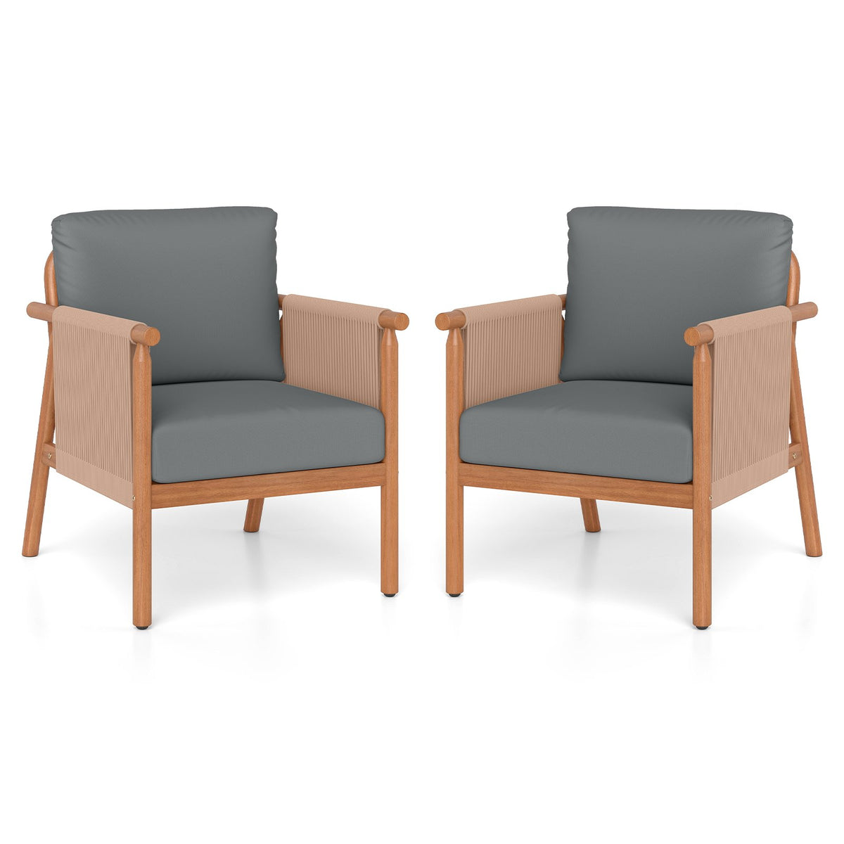 Patio Acacia Wood Chair Set of 2 with Woven Rope Armrests and Seat Back Cushions for Backyard-Gray