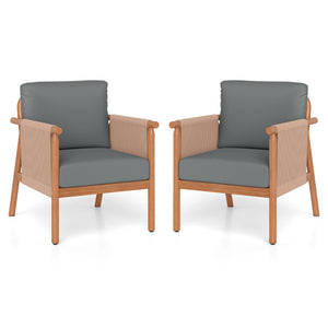 Patio Acacia Wood Chair Set of 2 with Woven Rope Armrests and Seat Back Cushions for Backyard-Gray