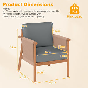 Patio Acacia Wood Chair Set of 2 with Woven Rope Armrests and Seat Back Cushions for Backyard-Gray view 4