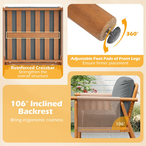 Patio Acacia Wood Chair Set of 2 with Woven Rope Armrests and Seat Back Cushions for Backyard-Gray view 9