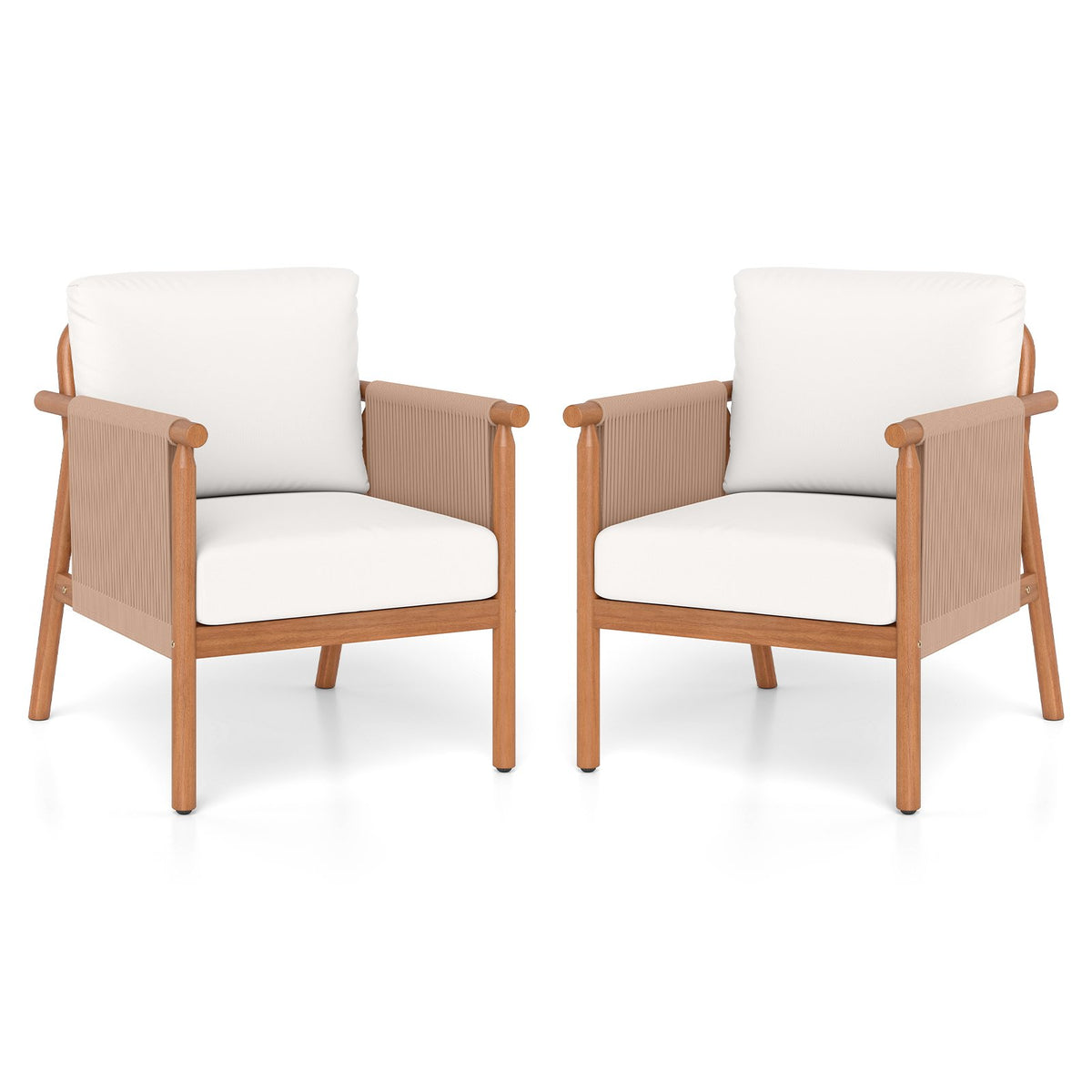 Patio Acacia Wood Chair Set of 2 with Woven Rope Armrests and Seat Back Cushions for Backyard-White