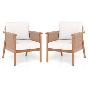 Patio Acacia Wood Chair Set of 2 with Woven Rope Armrests and Seat Back Cushions for Backyard-White