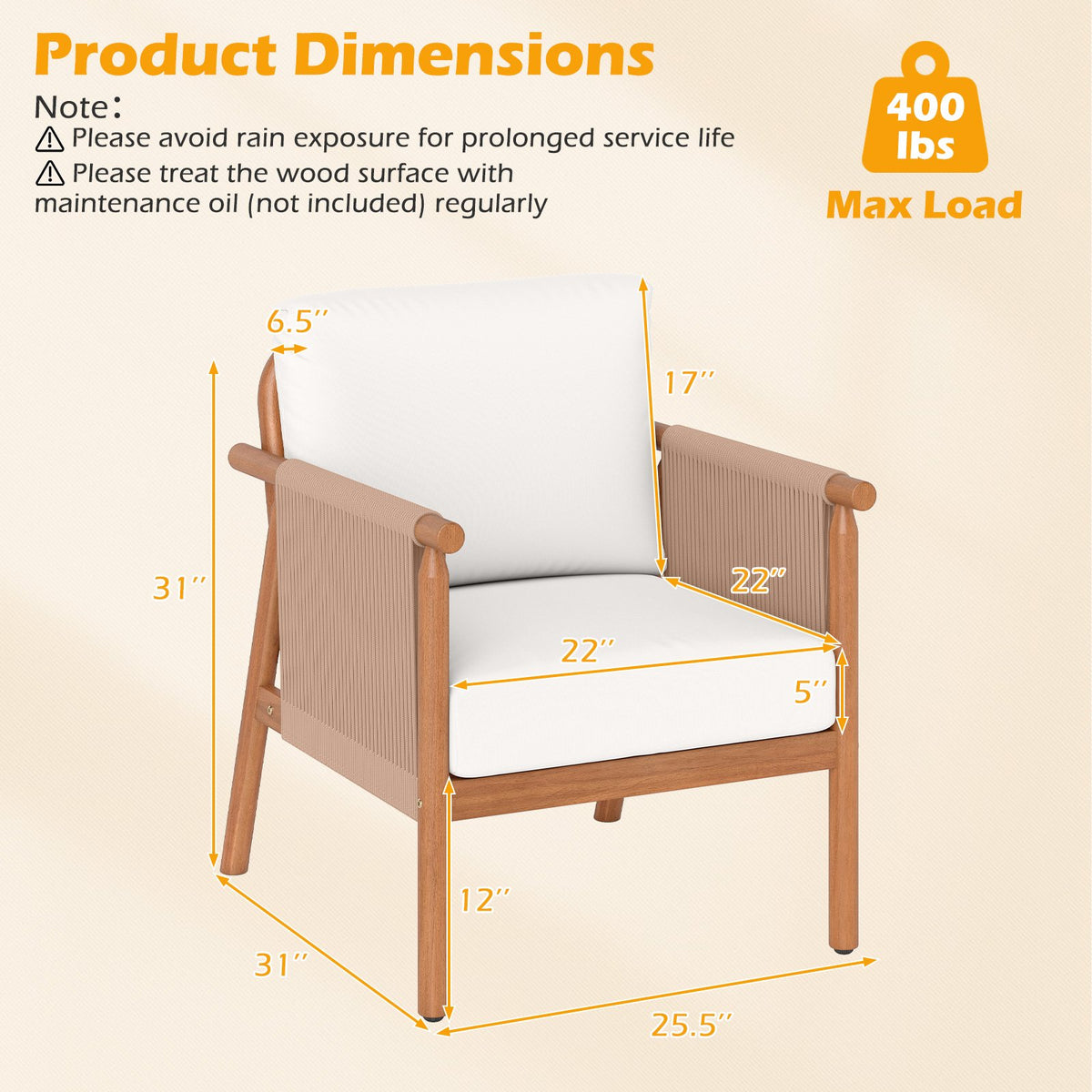 Patio Acacia Wood Chair Set of 2 with Woven Rope Armrests and Seat Back Cushions for Backyard-White view 4