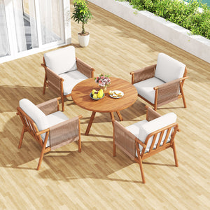 Patio Acacia Wood Chair Set of 2 with Woven Rope Armrests and Seat Back Cushions for Backyard-White view 5