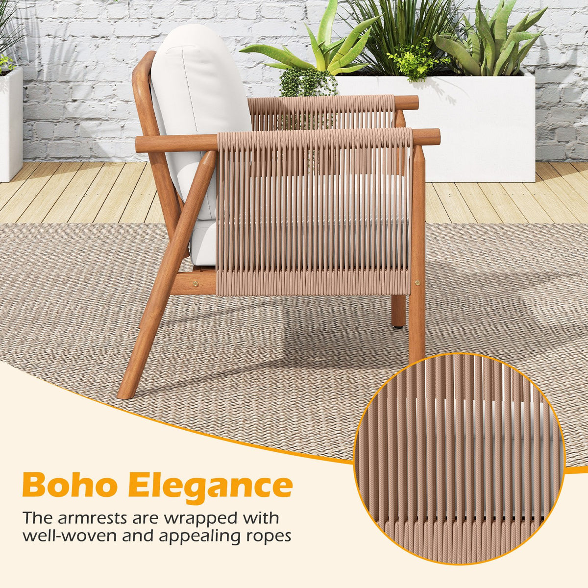 Patio Acacia Wood Chair Set of 2 with Woven Rope Armrests and Seat Back Cushions for Backyard-White view 6