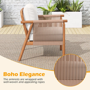 Patio Acacia Wood Chair Set of 2 with Woven Rope Armrests and Seat Back Cushions for Backyard-White view 6
