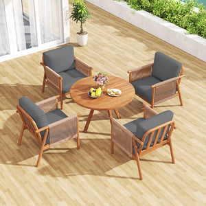 Patio Acacia Wood Chair Set of 4 with Woven Rope Armrests and Seat Back Cushions for Backyard-Gray view 2