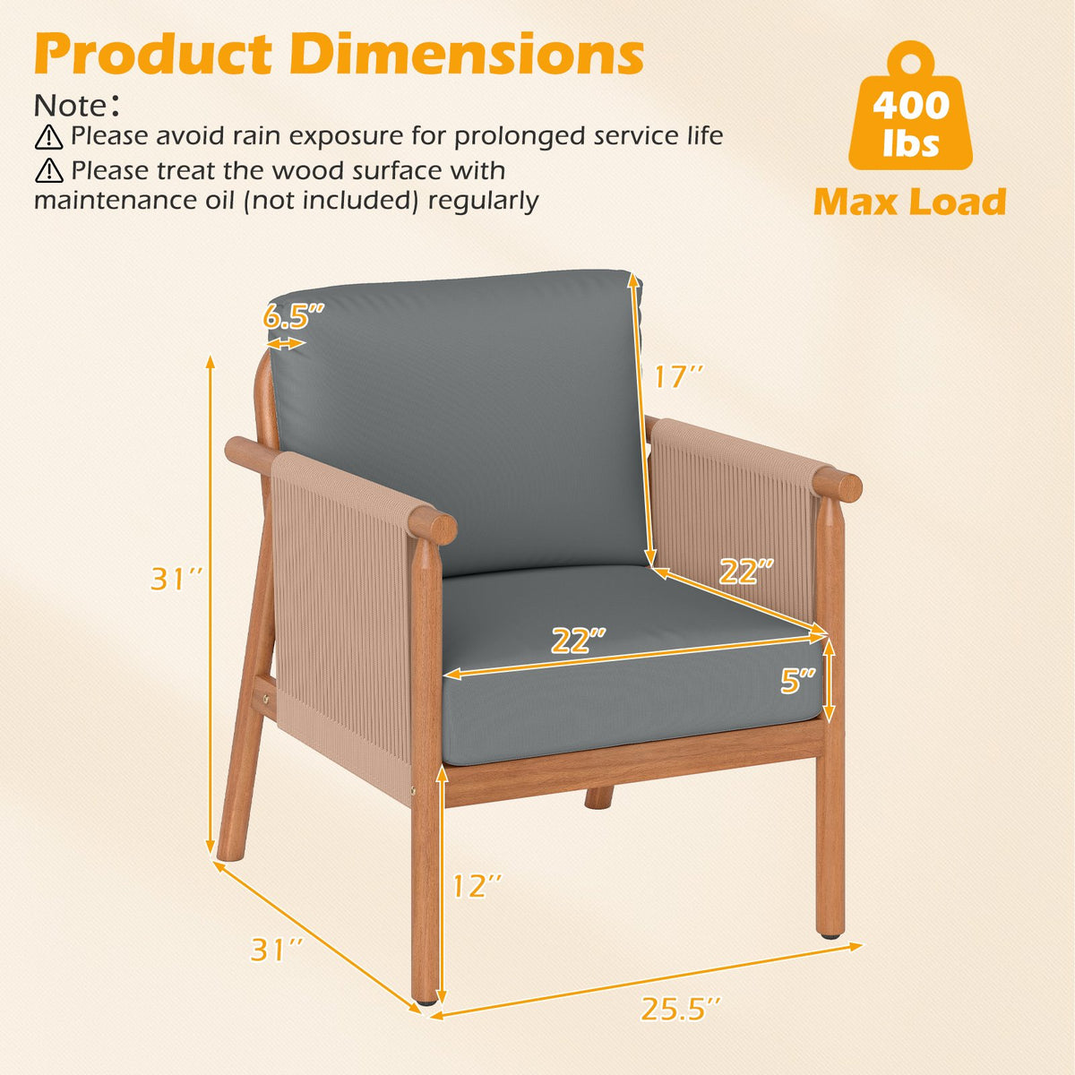 Patio Acacia Wood Chair Set of 4 with Woven Rope Armrests and Seat Back Cushions for Backyard-Gray view 4