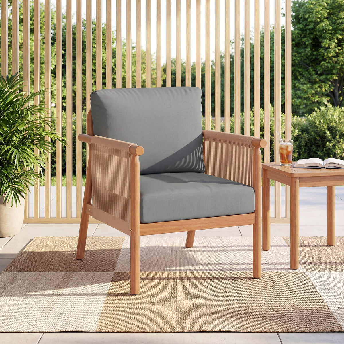 Patio Acacia Wood Chair Set of 4 with Woven Rope Armrests and Seat Back Cushions for Backyard-Gray view 5